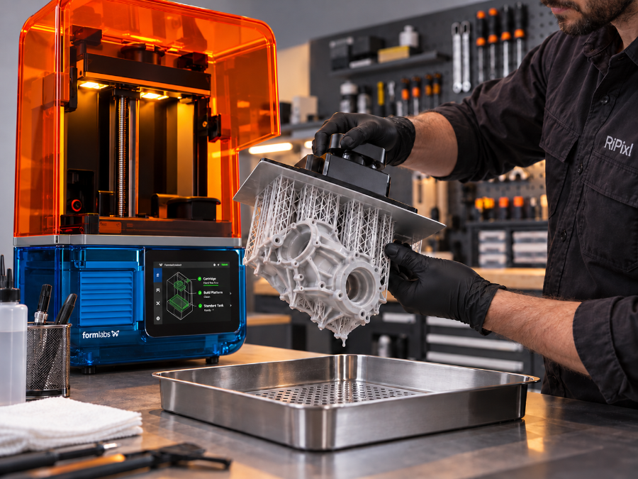 Formlabs Harzdrucker mit frisch gedrucktem Bauteil